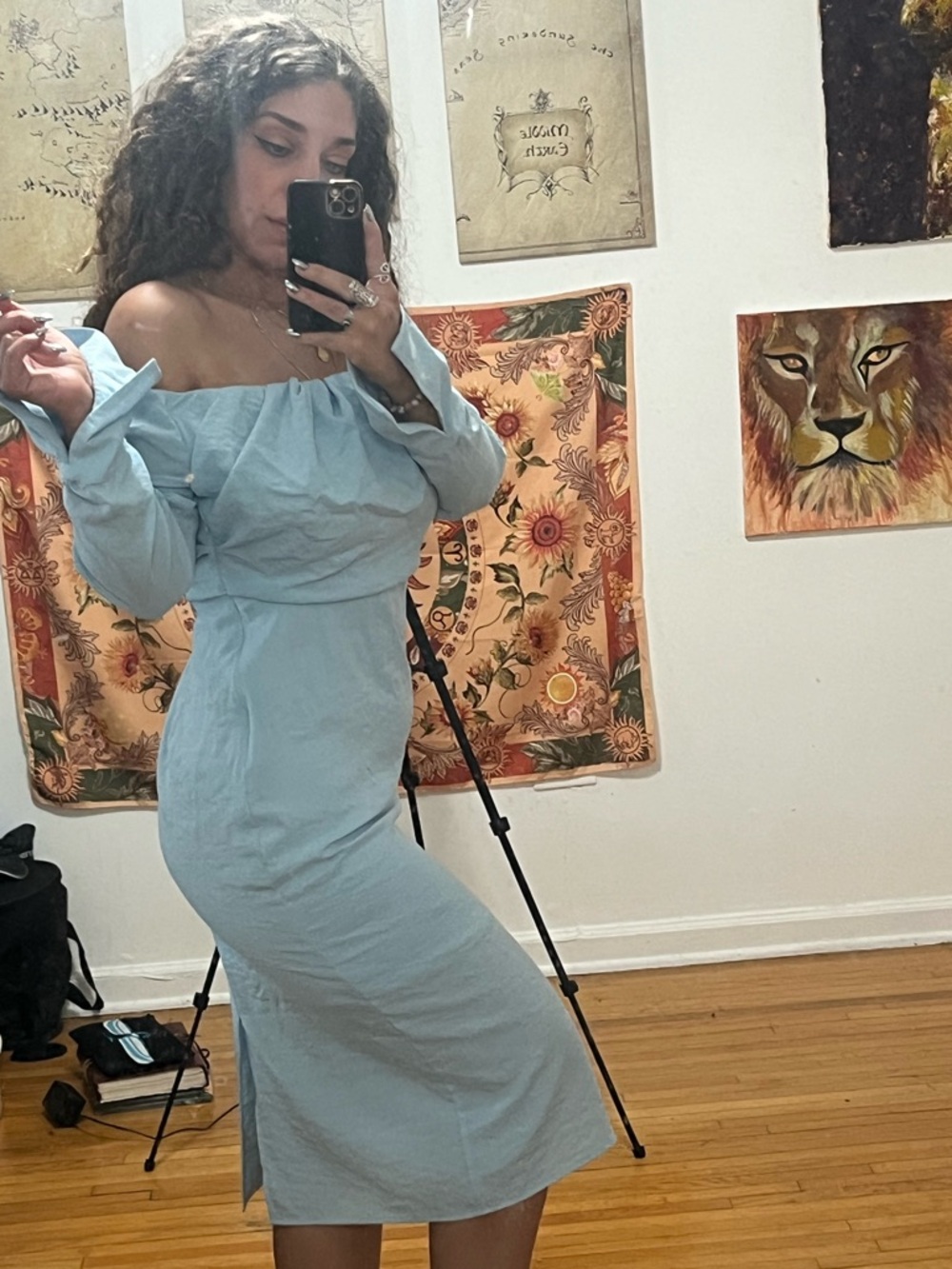 Light Blue Off-Shoulder Midi Dress with Long Sleeves - Women - Picture 2 of 3